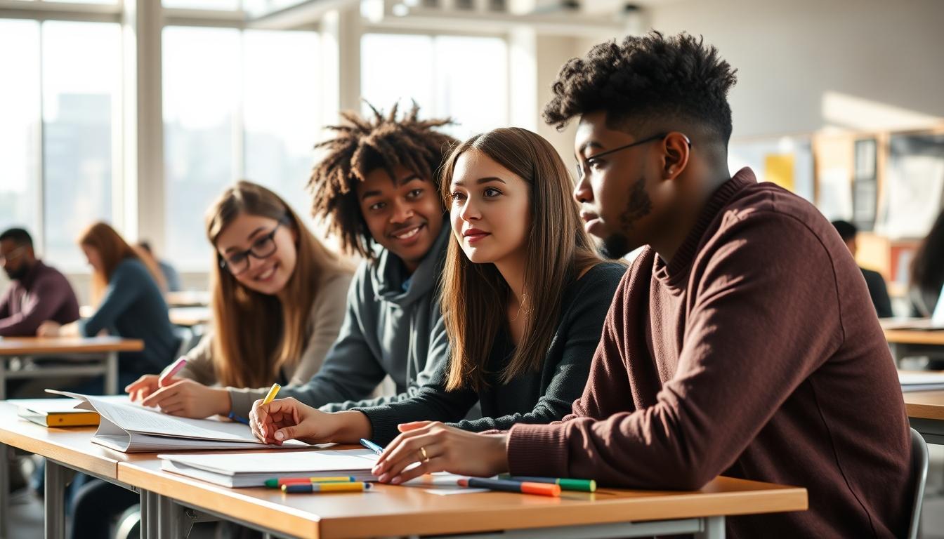 Students studying together in modern classroom